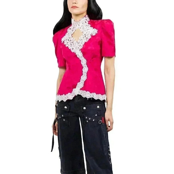 Vintage Pink Puff Sleeve Blouse Size Small Mock Neck Top Lace Key Hole Blouse - Picture 4 of 4